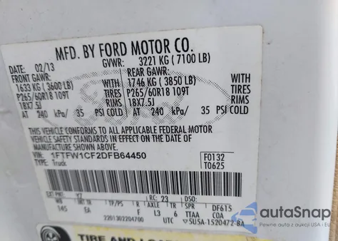 2013 Ford F-150 Lariat from USA, damaged, VIN 1FTFW1CF2DFB64450
